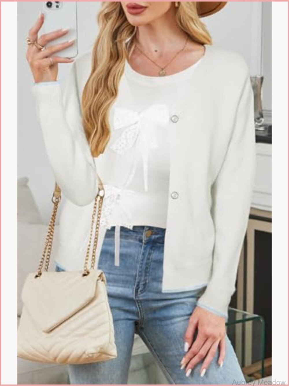 Bow Tie V Neck Lightweight Cardigan Sweater Open Front Knit Crop Top - Picture 6 of 7